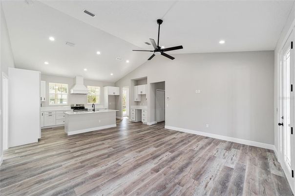 Empty room, Interior, Kitchen, Recessed Lighting, Wood Texture Flooring