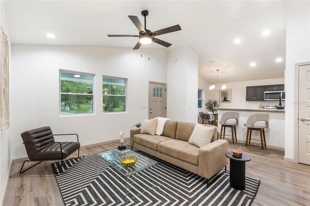 Interior, Kitchen, Living room, Pendant Lights, Recessed Lighting, Stainless Steel Appliances, Wood Texture Flooring