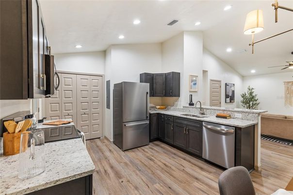 Interior, Kitchen, Recessed Lighting, Wood Texture Flooring