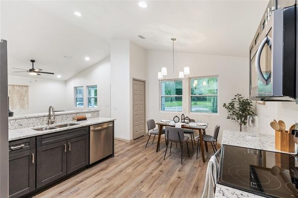 Dining room, Interior, Kitchen, Pendant Lights, Recessed Lighting, Wood Texture Flooring