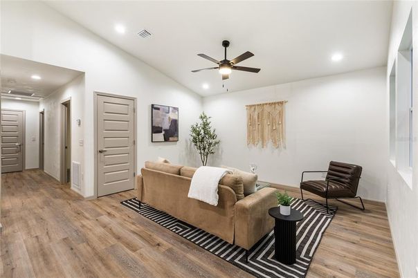 Interior, Living room, Recessed Lighting, Wood Texture Flooring