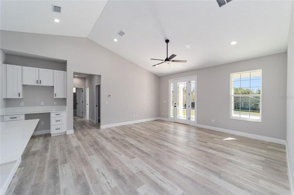 Empty room, Interior, Kitchen, Recessed Lighting, Wood Texture Flooring