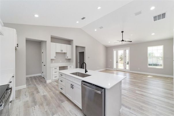 Interior, Kitchen, Recessed Lighting, Wood Texture Flooring