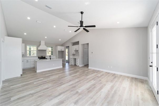 Empty room, Interior, Kitchen, Recessed Lighting, Wood Texture Flooring
