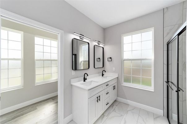 Bathroom, Dual Sink Vanities, Interior, Marble, Wood Texture Flooring