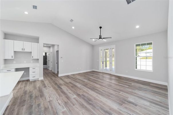 Empty room, Interior, Kitchen, Recessed Lighting, Wood Texture Flooring
