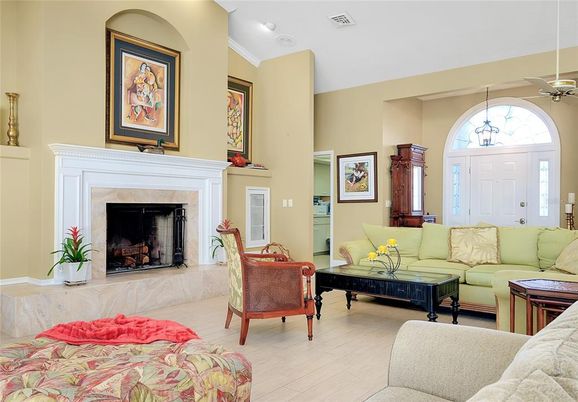 Fireplace, Interior, Living room, Pendant Lights, Recessed Lighting, Wood Texture Flooring
