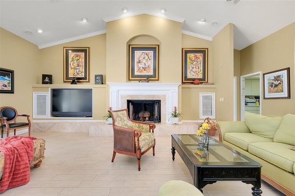 Fireplace, Interior, Living room, Recessed Lighting, Wood Texture Flooring