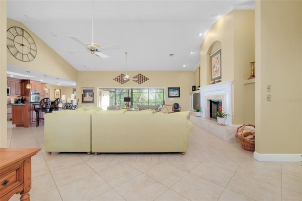 Chandelier, Dining room, Fireplace, Interior, Kitchen, Living room, Pendant Lights, Recessed Lighting