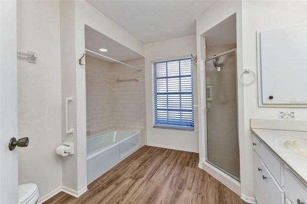 Bathroom, Glass Shower, Interior, Recessed Lighting, Wood Texture Flooring