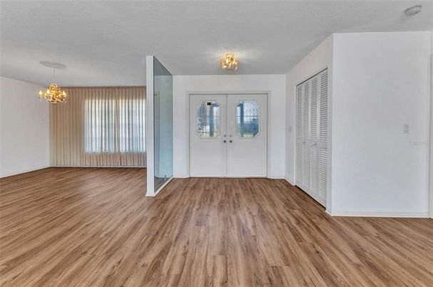 Chandelier, Empty room, Interior, Wood Texture Flooring