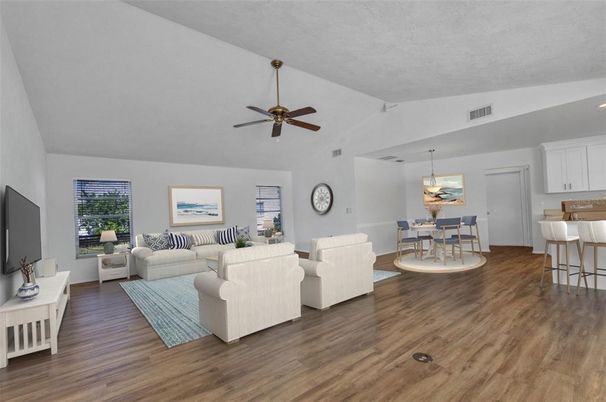 Dining room, Interior, Living room, Pendant Lights, Recessed Lighting, Wood Texture Flooring