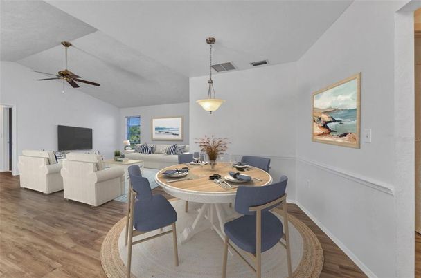Dining room, Interior, Living room, Pendant Lights, Wood Texture Flooring