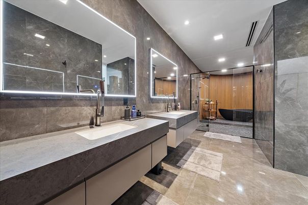 Bathroom, Dual Sink Vanities, Free Standing Baths, Glass Shower, Interior, Recessed Lighting