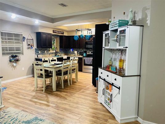 Dining room, Interior, Kitchen, Pendant Lights, Wood Texture Flooring