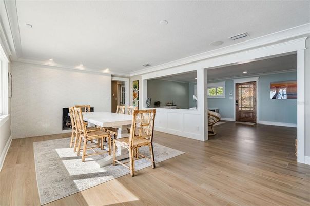 Dining room, Interior, Recessed Lighting, Wood Texture Flooring