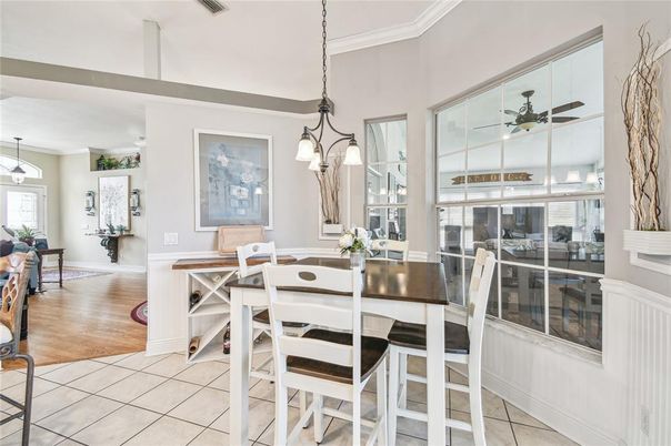 Dining room, Interior, Pendant Lights, Wood Texture Flooring