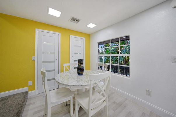Dining room, Interior, Recessed Lighting, Wood Texture Flooring