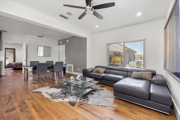 Dining room, Interior, Living room, Recessed Lighting, Wood Texture Flooring