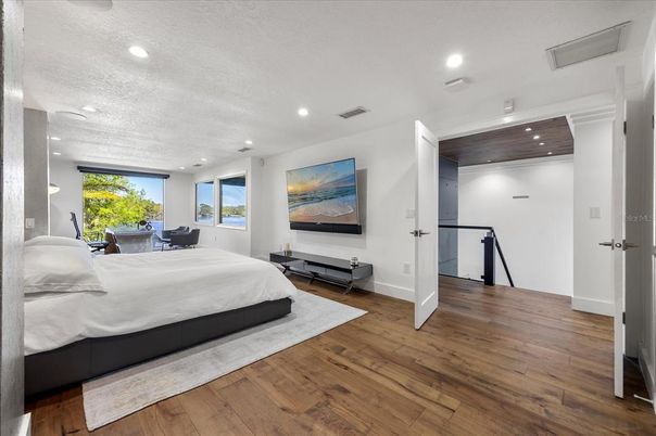 Bedroom, Interior, Recessed Lighting, Wood Texture Flooring