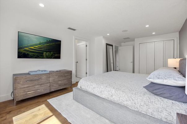 Bedroom, Interior, Recessed Lighting, Wood Texture Flooring