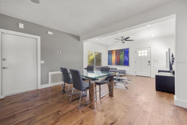 Dining room, Interior, Recessed Lighting, Wood Texture Flooring