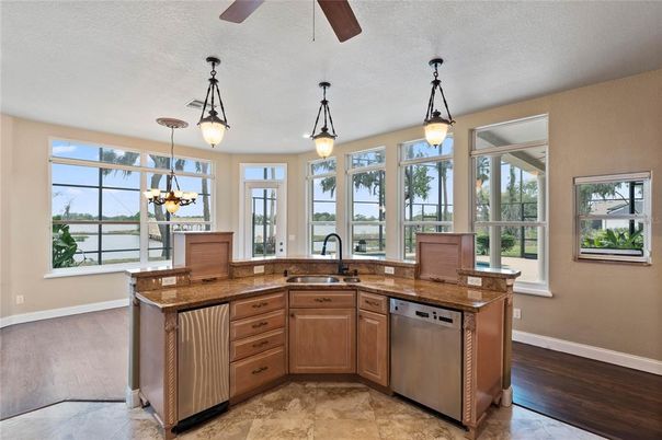 Interior, Kitchen, Pendant Lights, Wood Texture Flooring