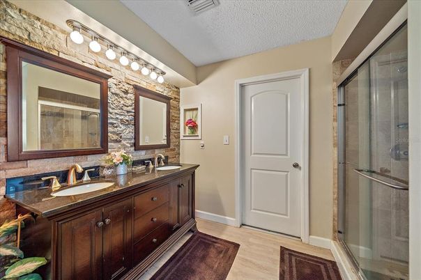 Bathroom, Dual Sink Vanities, Glass Shower, Interior, Wood Texture Flooring