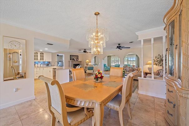 Chandelier, Dining room, Fireplace, Interior, Kitchen, Living room, Recessed Lighting