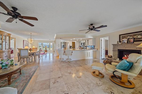 Chandelier, Dining room, Fireplace, Interior, Kitchen, Living room, Recessed Lighting