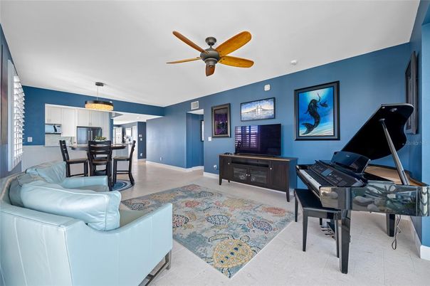 Dining room, Interior, Kitchen, Living room, Pendant Lights, Piano