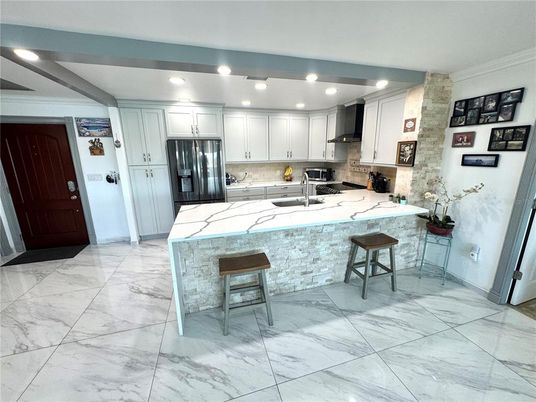 Interior, Kitchen, Marble, Recessed Lighting, Stainless Steel Appliances