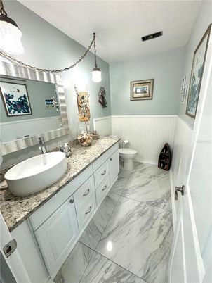 Bathroom, Dual Sink Vanities, Interior, Marble, Pendant Lights