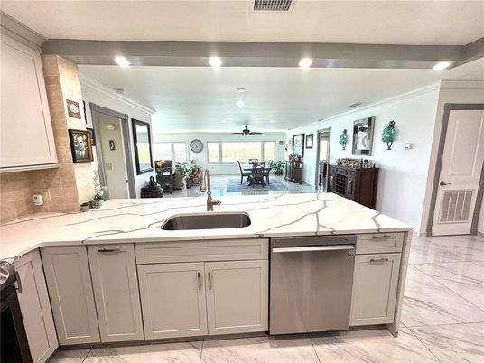 Dining room, Interior, Kitchen, Marble, Recessed Lighting, Stainless Steel Appliances