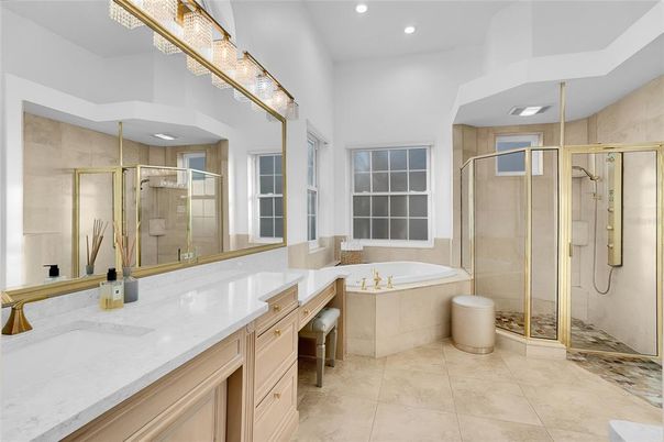 Bathroom, Dual Sink Vanities, Glass Shower, Interior, Recessed Lighting