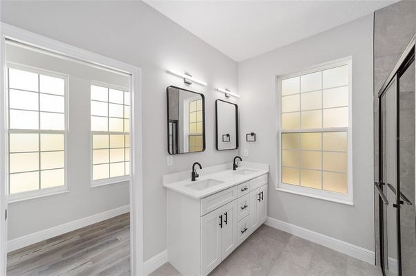Bathroom, Dual Sink Vanities, Interior, Wood Texture Flooring
