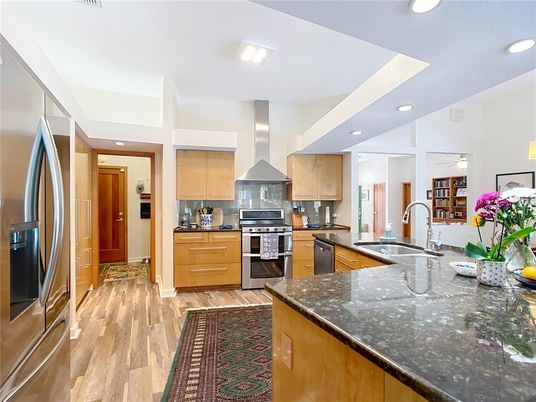 Interior, Kitchen, Recessed Lighting, Stainless Steel Appliances, Wood Texture Flooring