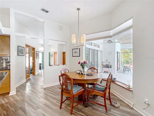 Dining room, Interior, Pendant Lights, Wood Texture Flooring