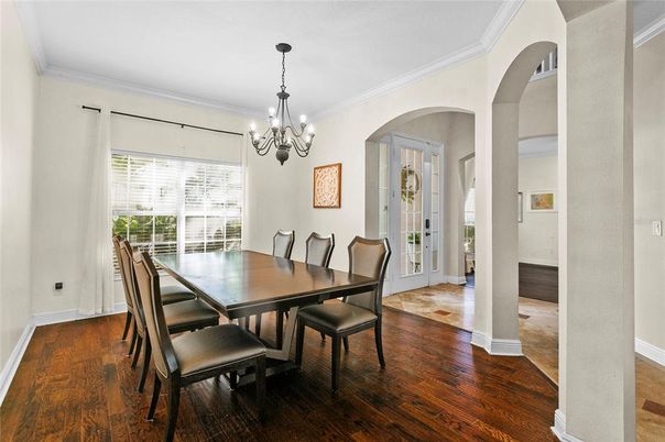 Chandelier, Dining room, Interior, Wood Texture Flooring