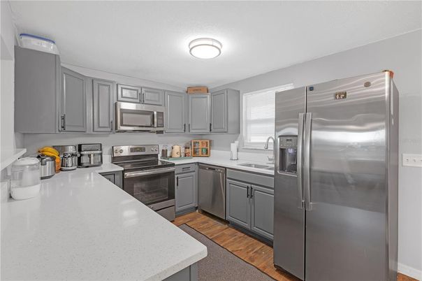 Interior, Kitchen, Stainless Steel Appliances, Wood Texture Flooring