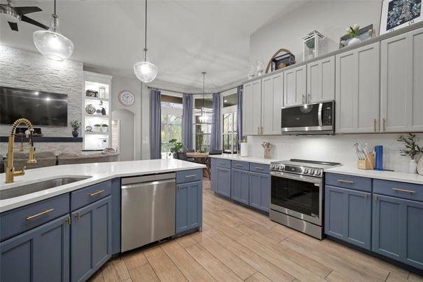 Interior, Kitchen, Pendant Lights, Stainless Steel Appliances, Wood Texture Flooring