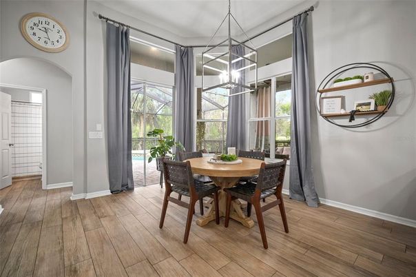 Dining room, Interior, Pendant Lights, Wood Texture Flooring