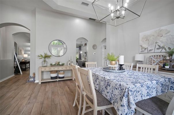 Dining room, Interior, Pendant Lights, Wood Texture Flooring
