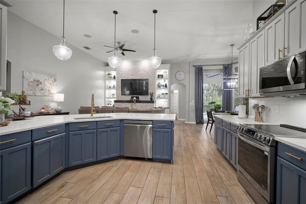 Interior, Kitchen, Pendant Lights, Stainless Steel Appliances, Wood Texture Flooring