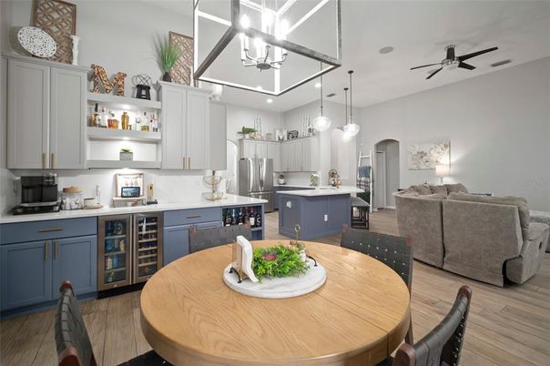 Dining room, Interior, Kitchen, Living room, Pendant Lights, Stainless Steel Appliances, Wood Texture Flooring