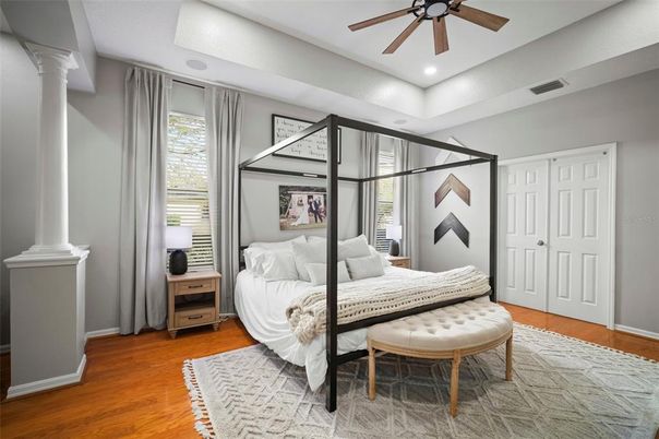 Bedroom, Interior, Recessed Lighting, Wood Texture Flooring