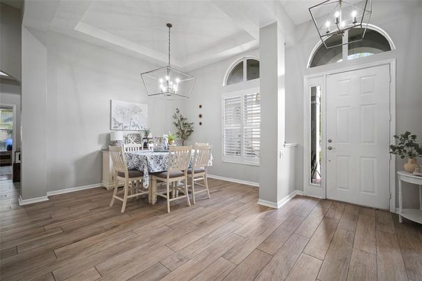 Dining room, Interior, Pendant Lights, Wood Texture Flooring