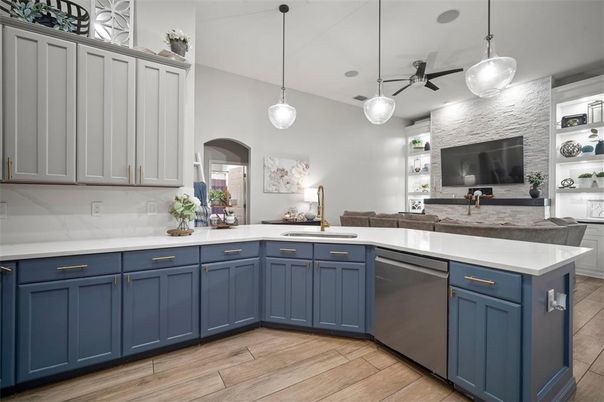 Interior, Kitchen, Pendant Lights, Stainless Steel Appliances, Wood Texture Flooring