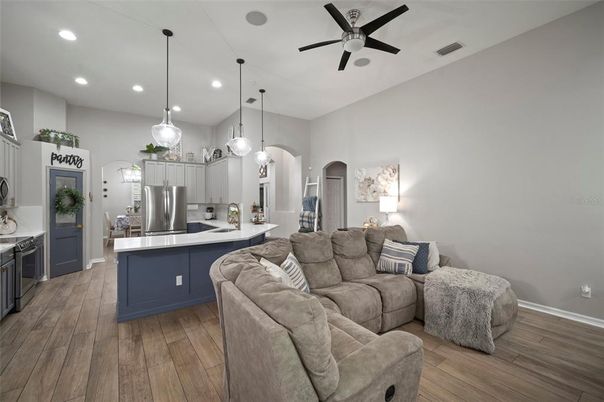 Interior, Kitchen, Living room, Pendant Lights, Recessed Lighting, Stainless Steel Appliances, Wood Texture Flooring