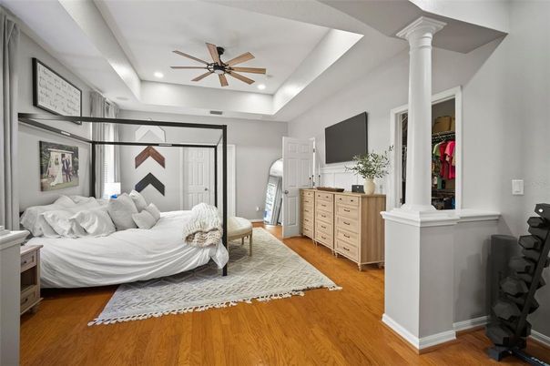 Bedroom, Interior, Recessed Lighting, Wood Texture Flooring